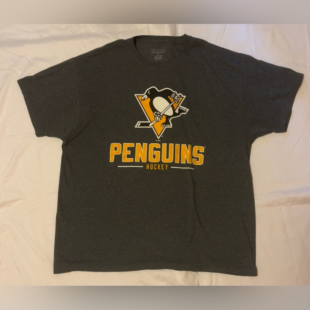 CHAMPION PITTSBURGH PENGUINS Hockey Grey Logo Tee Sz. XL